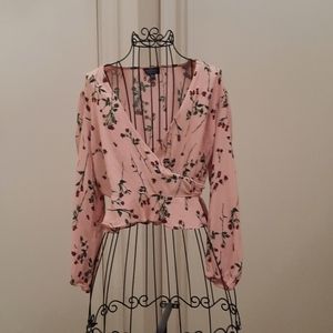 TopShop wrap front salmon pink floral blouse-sm